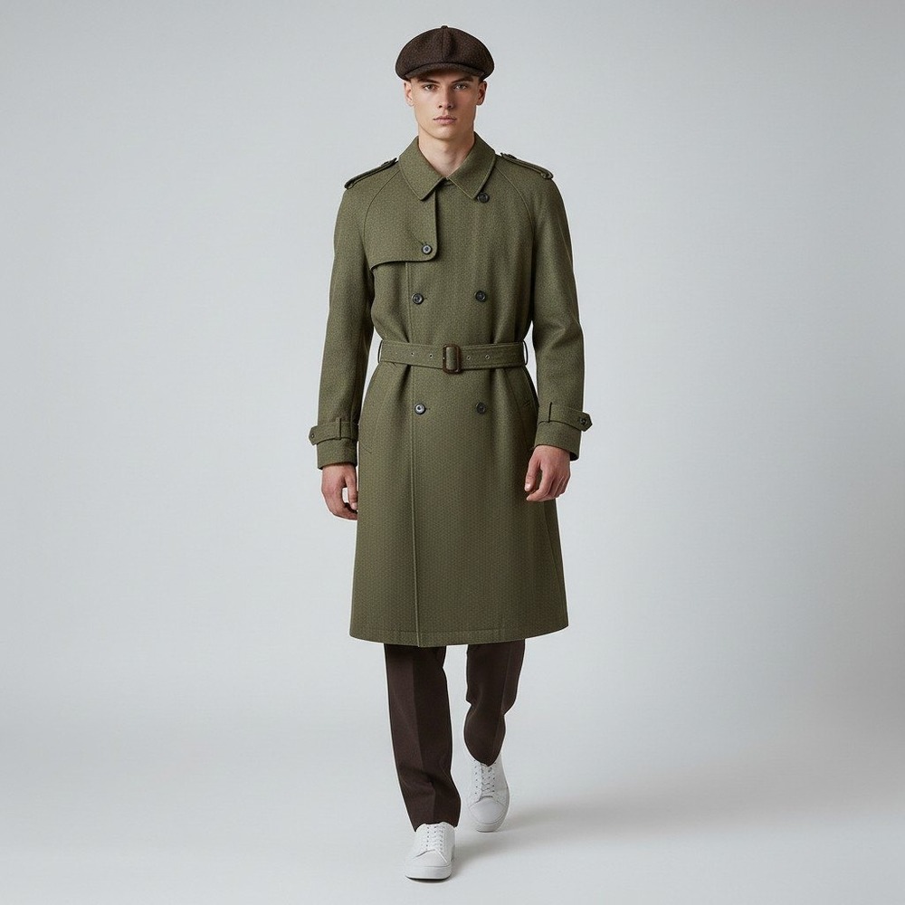 J. Peterman Coat Men 44‎ Green Wool Overcoat Double Breast Mallalieu's of Delph